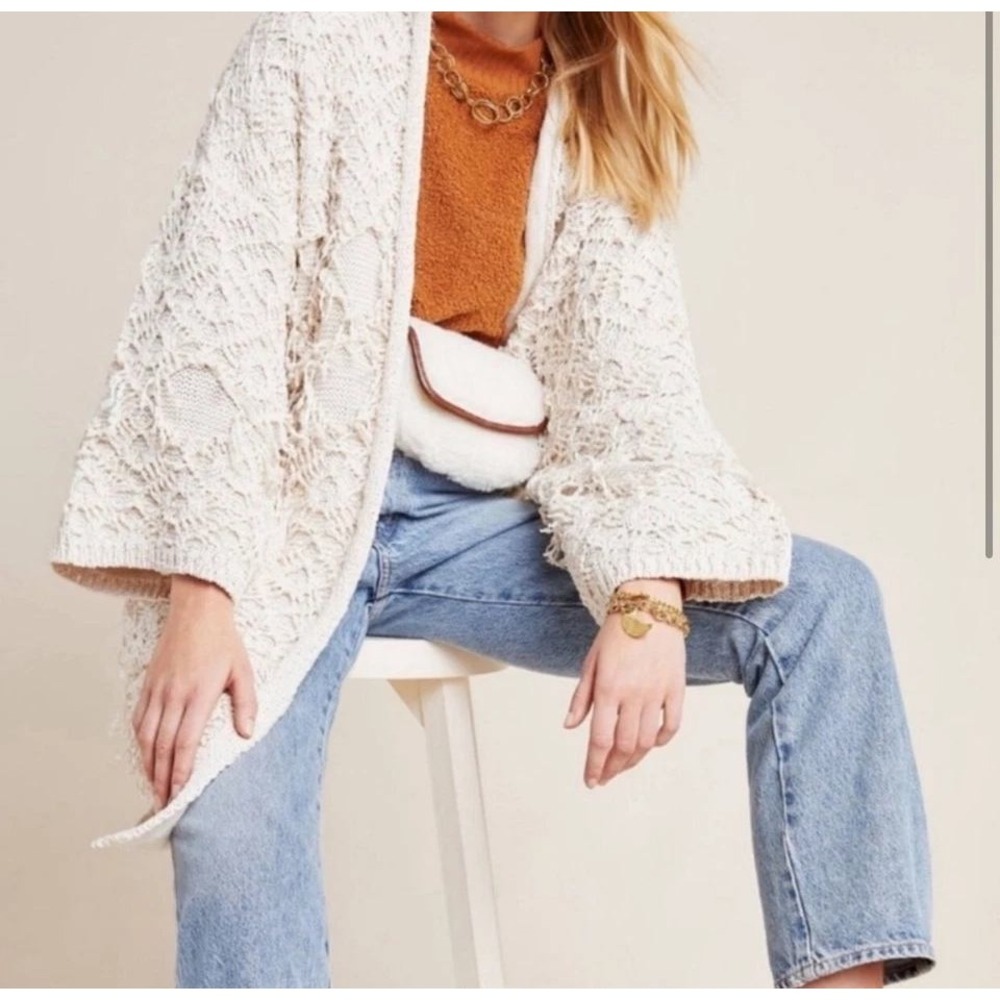 Anthropologie Akemi Kin Blanket Cardigan Textured Fringe Ivory Cream OS Boho